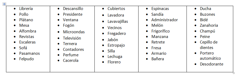 lista de palabras desordenadas